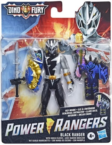 Power Rangers Dino Fury, Ranger Noir avec Manche Bouclier, Figurine de 15 cm avec clé Dino Fury et Sabre Chromafury