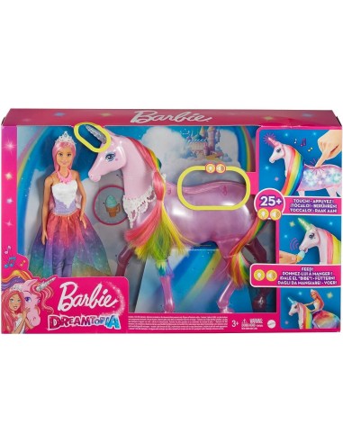 Barbie Dreamtopia Licorne rose Lumières Magiques crinière arc-en-ciel, sons et lumières et poupée princesse